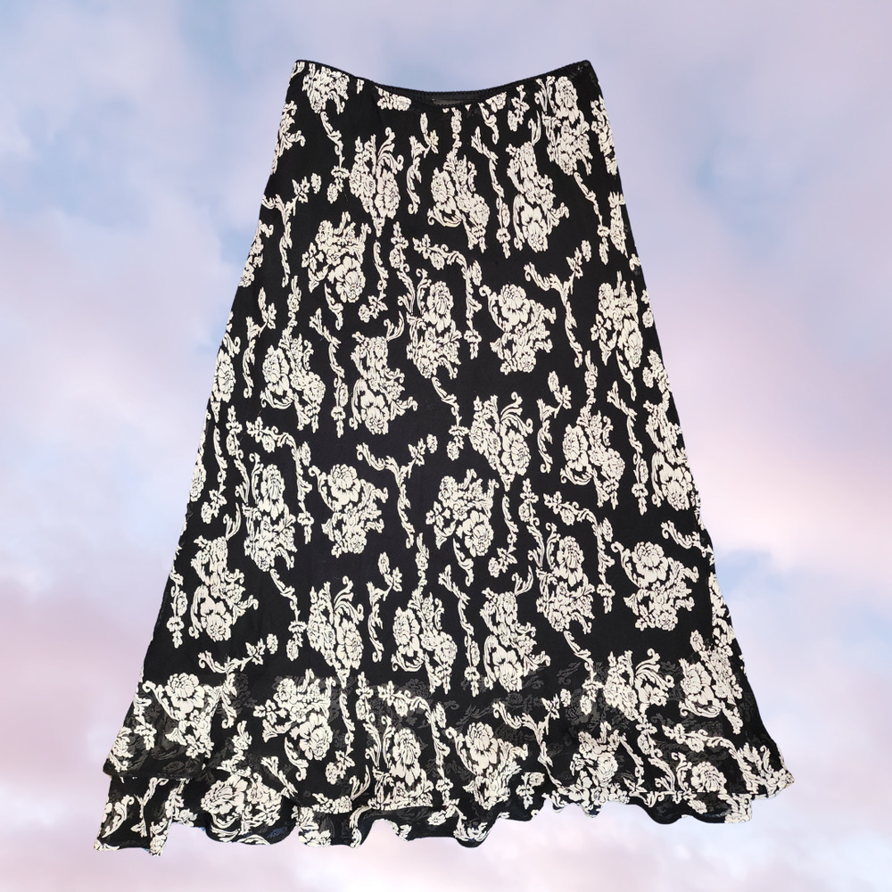 Y2k Black Off White Floral Mod Retro Long Midi Ruffle Layered Rayon Skirt 10